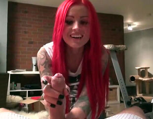Adorable red-haired gf doing unbelievable hand-job and makes
