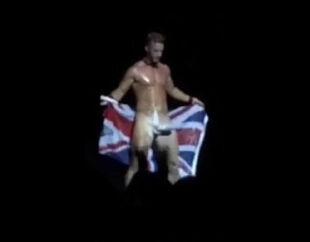 Masculine stripper juggling hefty beef whistle on stage at